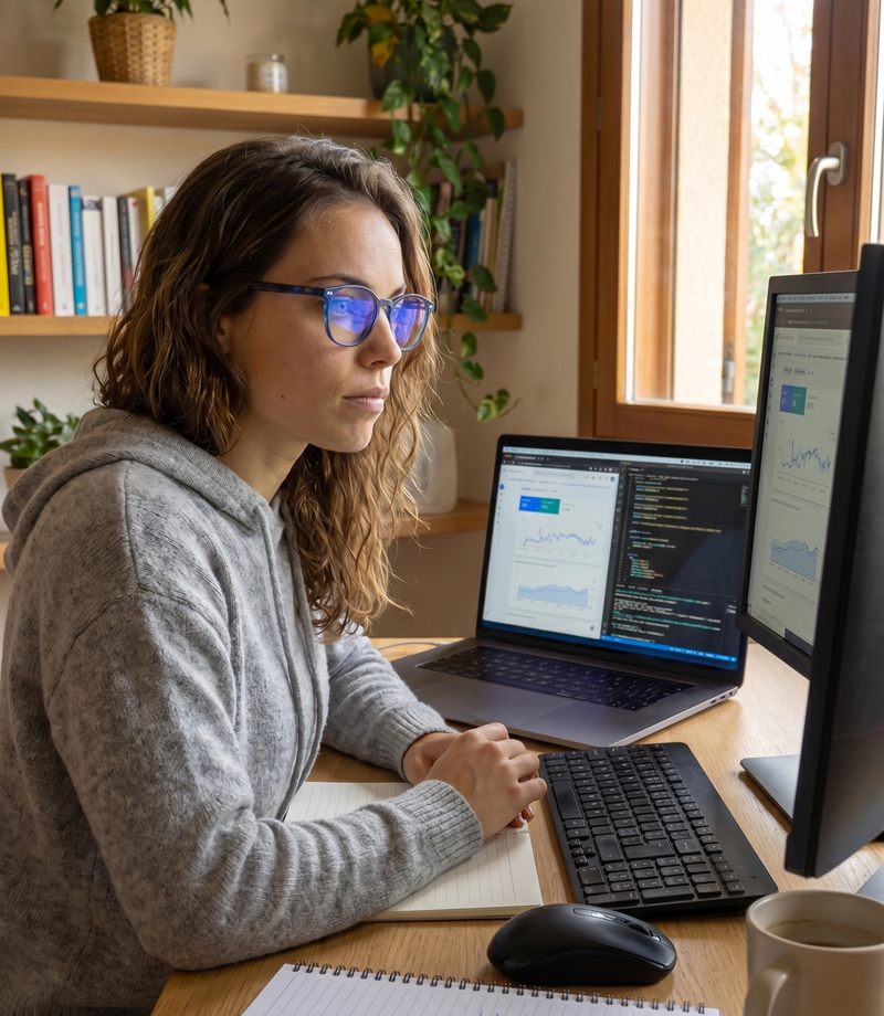 Justine Beaumanoir, consultante SEO, analysant des données dans son bureau